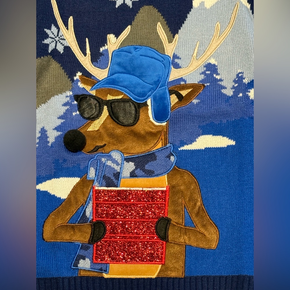 Holidays Adult Large Blue Reindeer Christmas Sweater with Snowflake Design - Picture 7 of 7